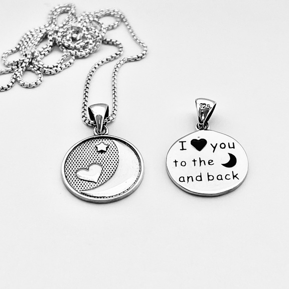 Sterling Silver I Love You To Moon & Back Necklace, Heart and Moon Jewelry Chain - Picture 1 of 13